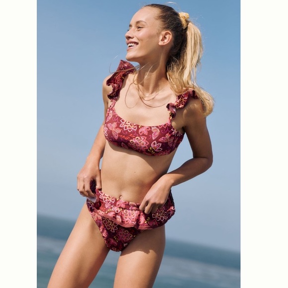 ANTHROPOLOGIE Fantasy Ruffle Floral Bikini Top and Bottom Set S